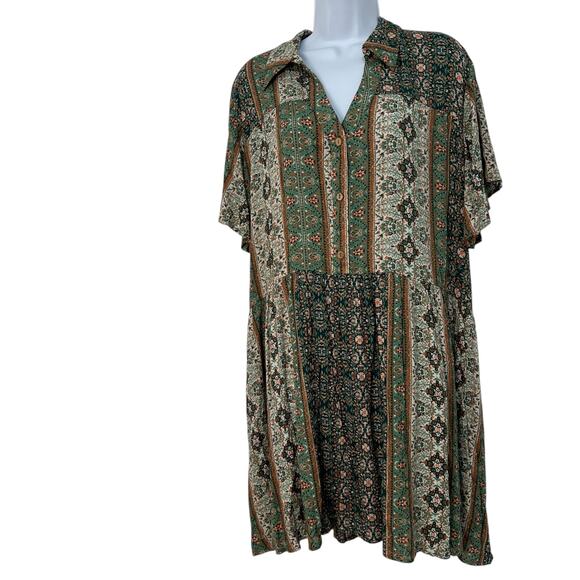 easel Dresses & Skirts - Easel Floral Earthy Geometric Babydoll Dress Sage Green Retro Flair Indie Sz 1X